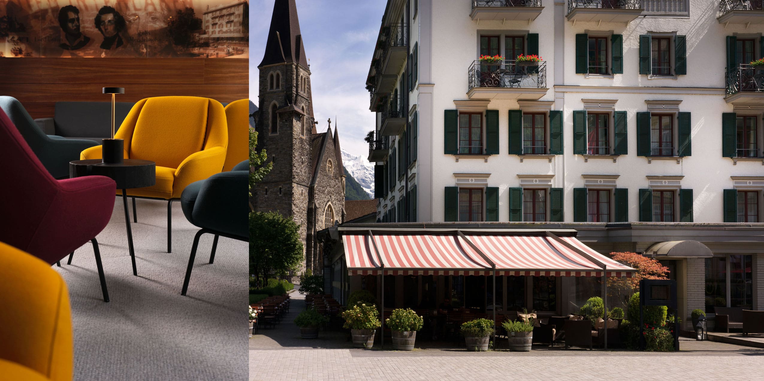 Geteiltes Bild: Links moderne Loungesessel in Gelb und Blaugrün neben einem kleinen Tisch, rechts ein Hotel im europäischen Stil mit grünen Fensterläden, gestreifter Markise und einem Kirchturm im Hintergrund.