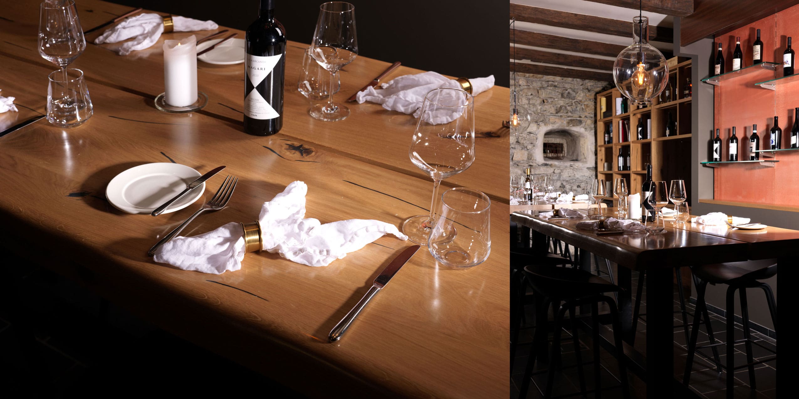 Ein warm beleuchteter Schweizer Restauranttisch mit Weingläsern, einer Kerze, einer Flasche Rotwein, Tellern und ordentlich angeordnetem Besteck. Im Hintergrund befinden sich Regale mit Weinflaschen und eine Steinwand mit einem Ofen – die perfekte Kulisse für köstliches Essen.