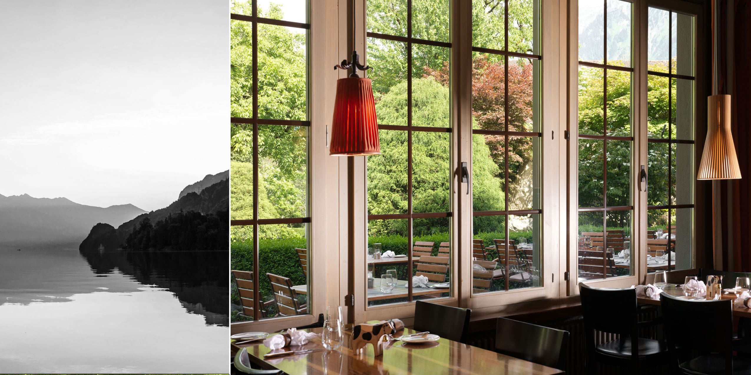 Geteiltes Bild: Links ein ruhiger See mit Bergen in Schwarzweiß, rechts eine Farbansicht aus einem Tavernenrestaurant mit gedeckten Tischen, großen Fenstern und Sitzgelegenheiten im Freien mit Blick auf üppiges Grün.