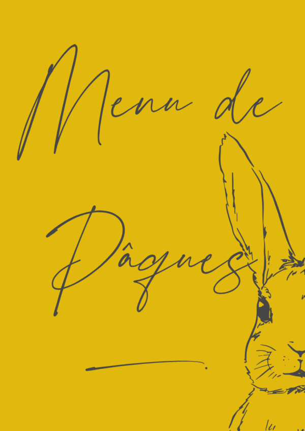 Fond jaune vif avec un texte dessiné à la main indiquant "Menu de Pâques". Le côté droit présente une illustration au trait simple du visage et de l'oreille d'un lapin, partiellement visible.